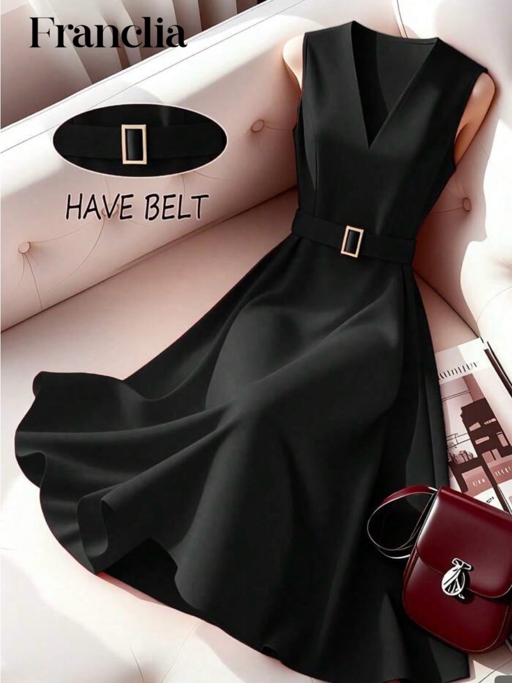 SHEIN Black V-Neck Sleeveless Midi Dress with Buckle Belt